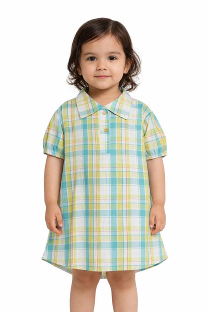 Spark Branded Girls Checkered Cotton Shirt Dress – Mint & Yellow GF-05