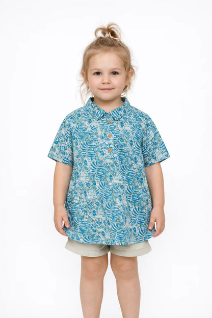 Spark Branded Girls Tropical Leaf Print Cotton Shirt – Aqua Blue GF-03