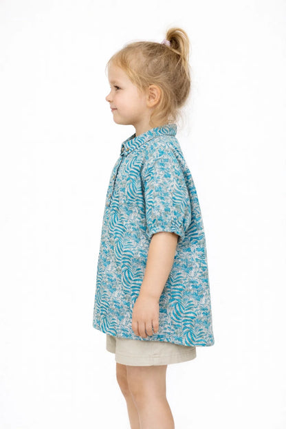 Spark Branded Girls Tropical Leaf Print Cotton Shirt – Aqua Blue GF-03