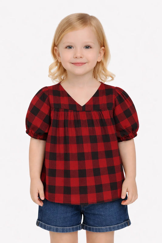 SPARK Branded Kids Buffalo Plaid Puff-Sleeve Fusion Top GF-15