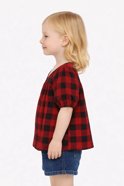 SPARK Branded Kids Buffalo Plaid Puff-Sleeve Fusion Top GF-15