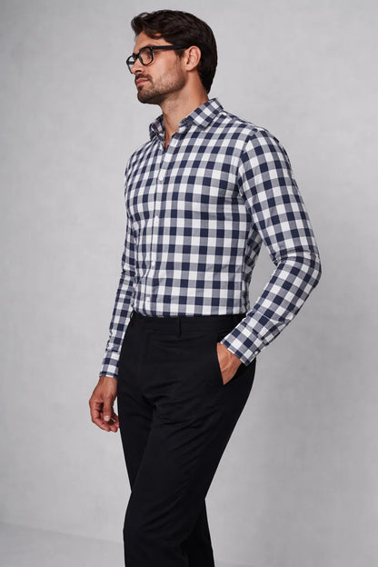 Moos Branded Mens Casual Shirt-Navy & White Large Gingham Check MCS-36