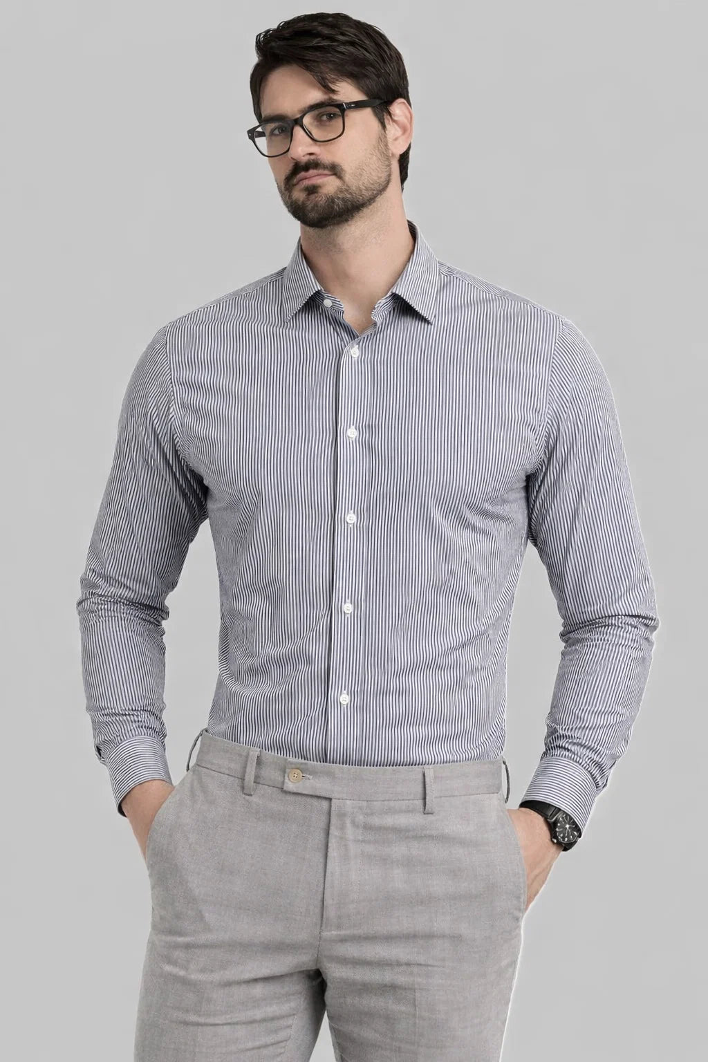 Calvy Klien Branded Men’s Classic Striped Formal Shirt – Navy & White MFS-14