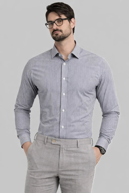 Calvy Klien Branded Men’s Classic Striped Formal Shirt – Navy & White MFS-14