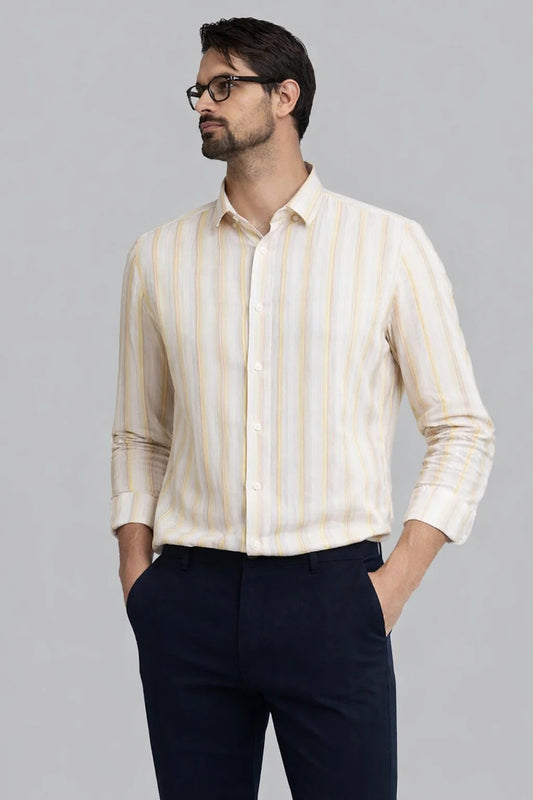 Michael Krs Branded Men’s Cream & Yellow Vertical Striped Slim Fit Casual Shirt MFS-23