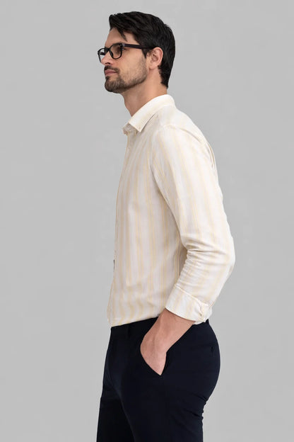 Michael Krs Branded Men’s Cream & Yellow Vertical Striped Slim Fit Casual Shirt MFS-23