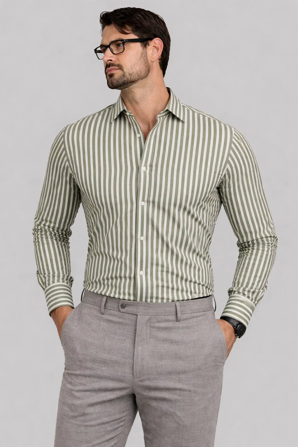 Branded Mens Formal Shirt-Olive Micro-Geometric MFS-58