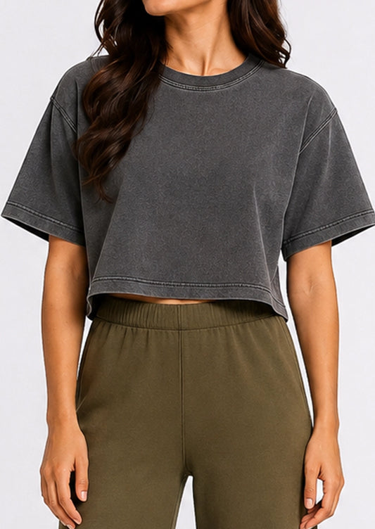 Booh Branded Women Drop Shoulder Crop T-Shirt - Charcoal WTT-17