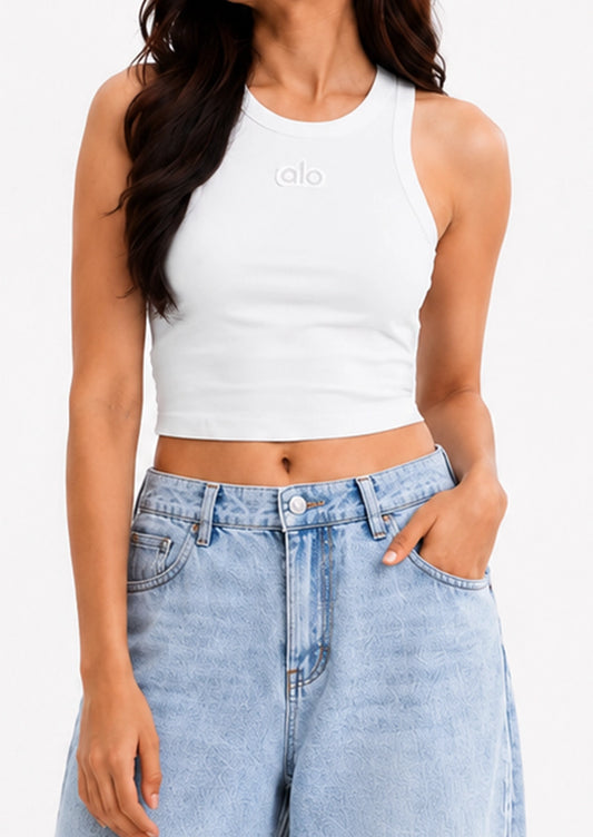 Alos Branded Women’s Ribbed Racerback Crop Tank - White WTT-19