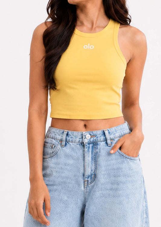 Alos Branded Women’s Ribbed Racerback Crop Tank - Yellow WTT-20